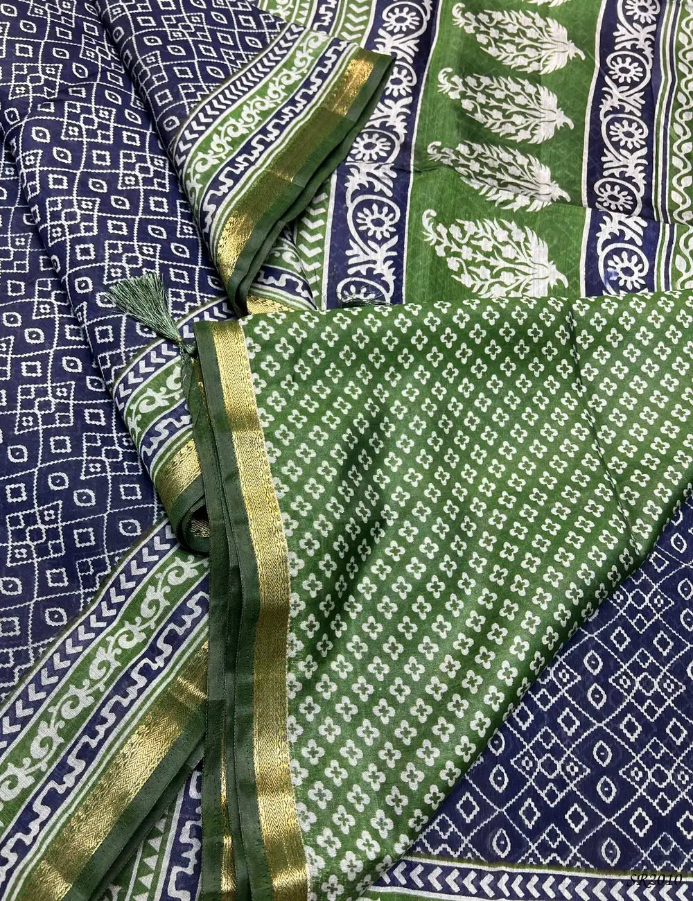 Navy Blue & Green - Chanderi Saree -