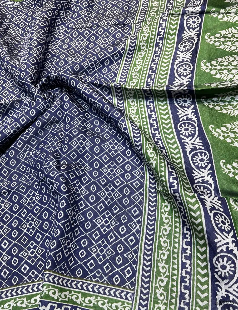 Navy Blue & Green - Chanderi Saree Front View