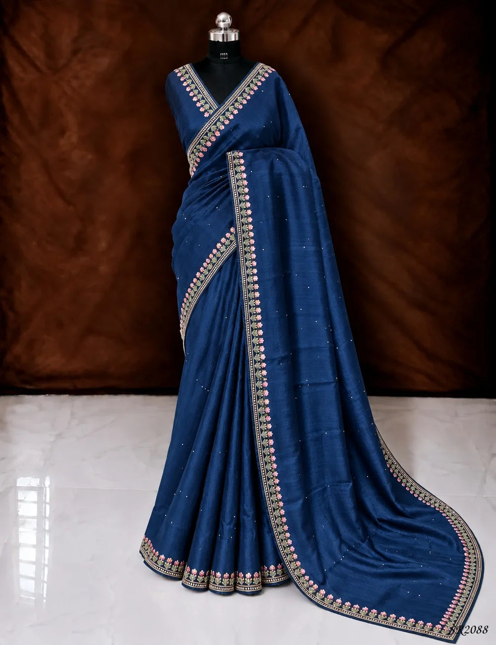 Navy Blue - Matka Tussar Saree Front View
