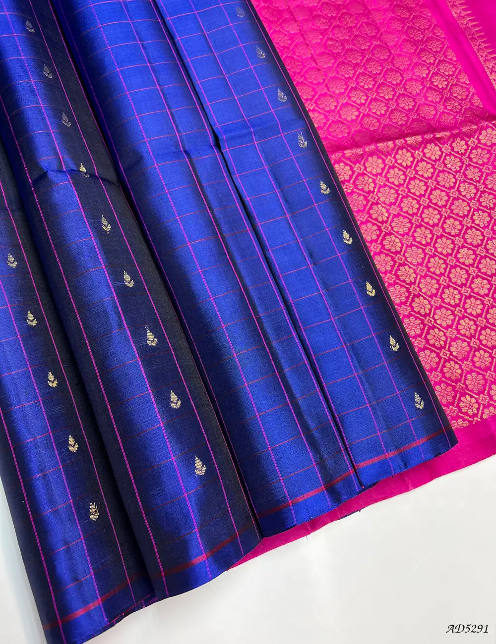 Navy Blue & Rani Pink - Checkerd Soft Silk Saree Front View