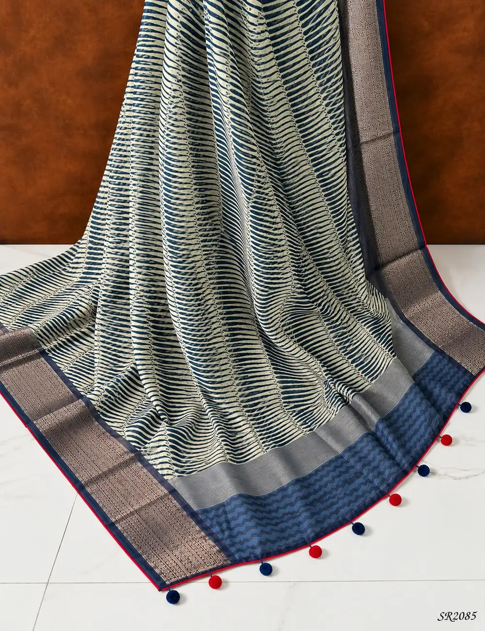 Navy Blue & Red - Pure Chanderi Saree -