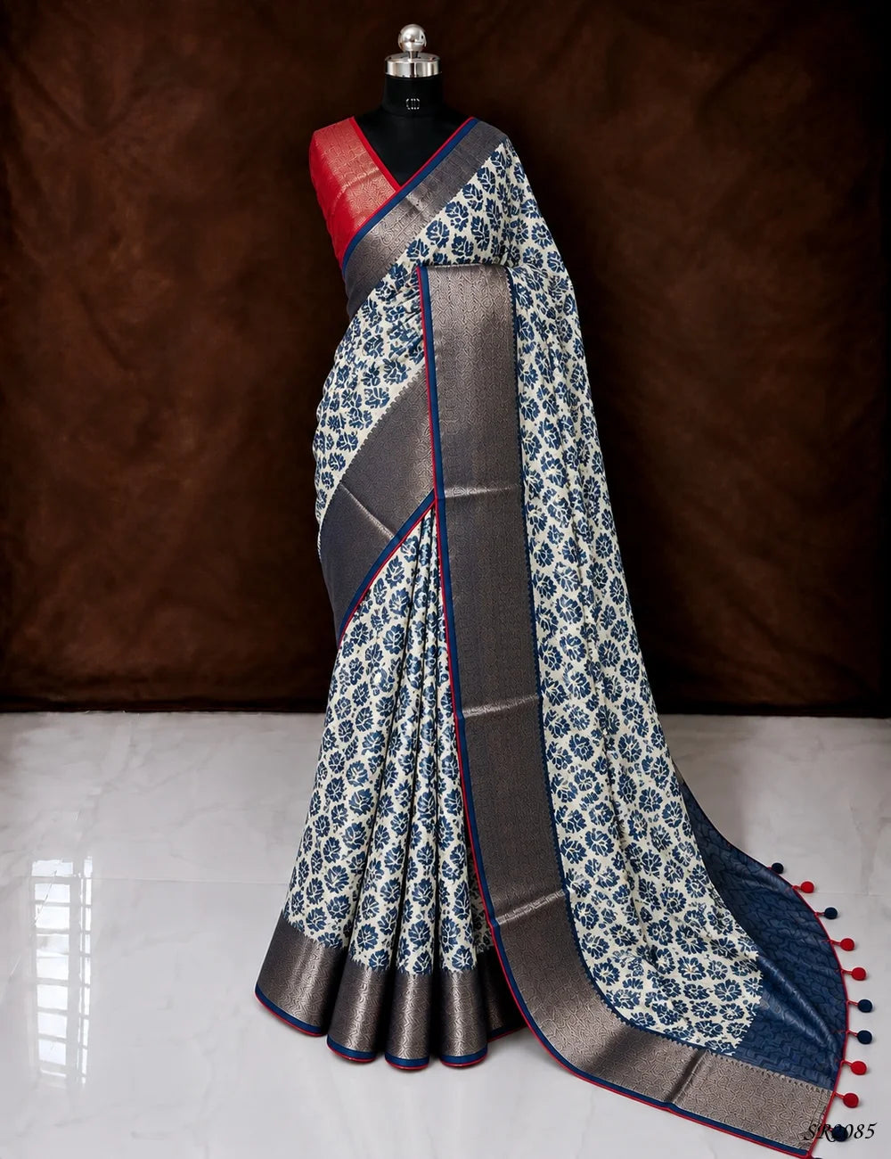 Navy Blue & Red - Pure Chanderi Saree Front View