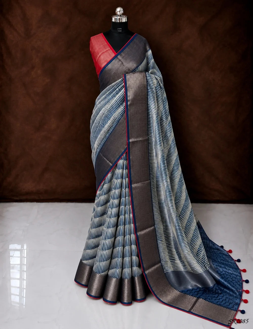 Navy Blue & Red - Pure Chanderi Saree Front View