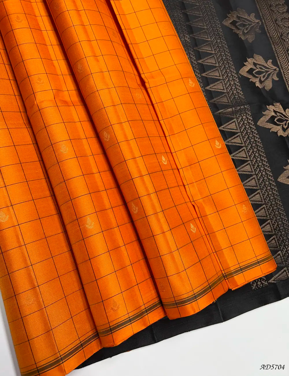 Orange & Black - Checkered Soft Silk Saree Front View