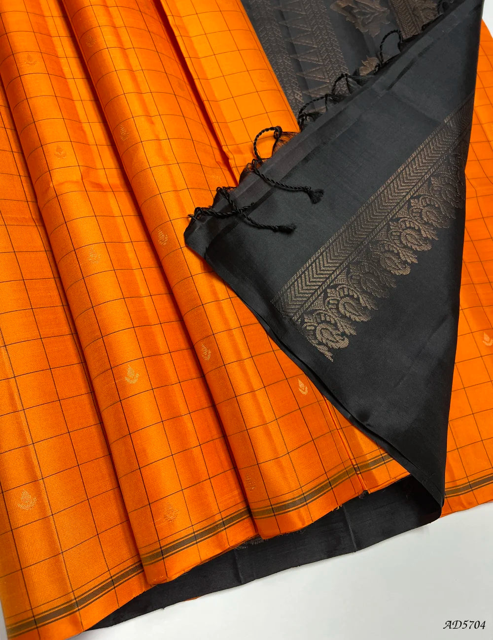 Orange & Black - Checkered Soft Silk Saree Pallu View