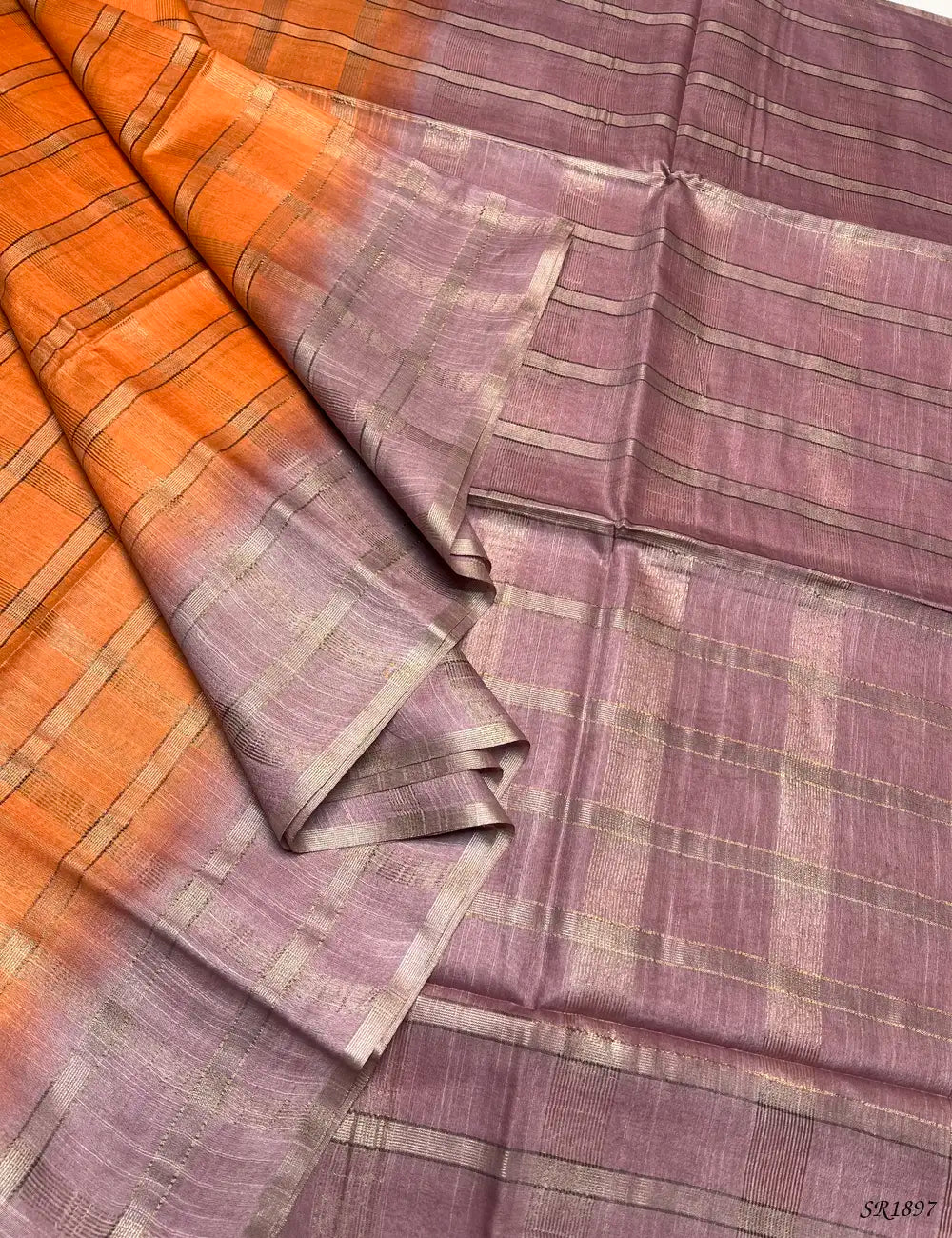 Orange & Creamy PInk - Semi Tussar Saree Front View