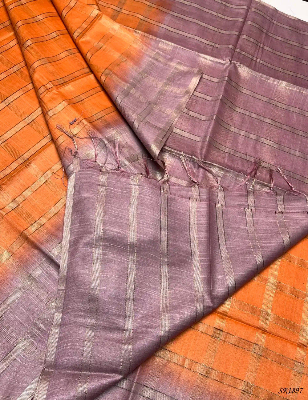 Orange & Creamy PInk - Semi Tussar Saree Pallu View