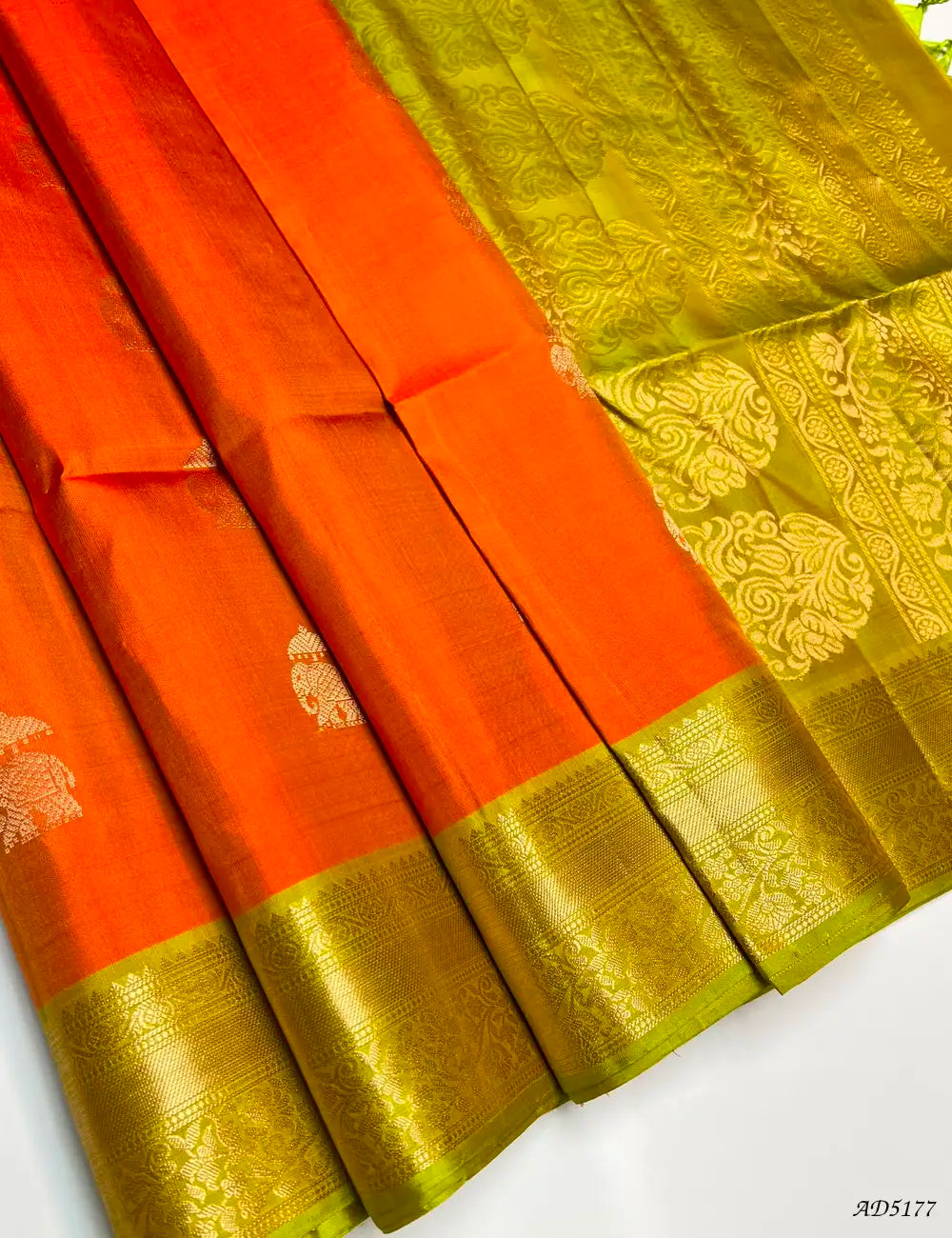 Orange & Parrot Green - Kanchi Border Soft Silk Saree Front View