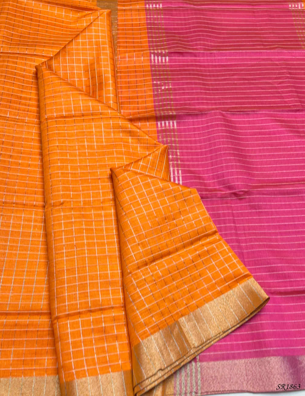 Orange & Pink - Fancy Semi Tussar Saree Front View
