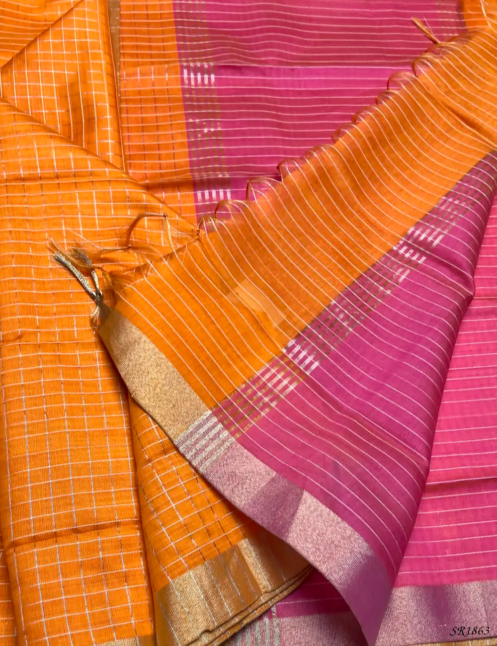 Orange & Pink - Fancy Semi Tussar Saree Pallu View