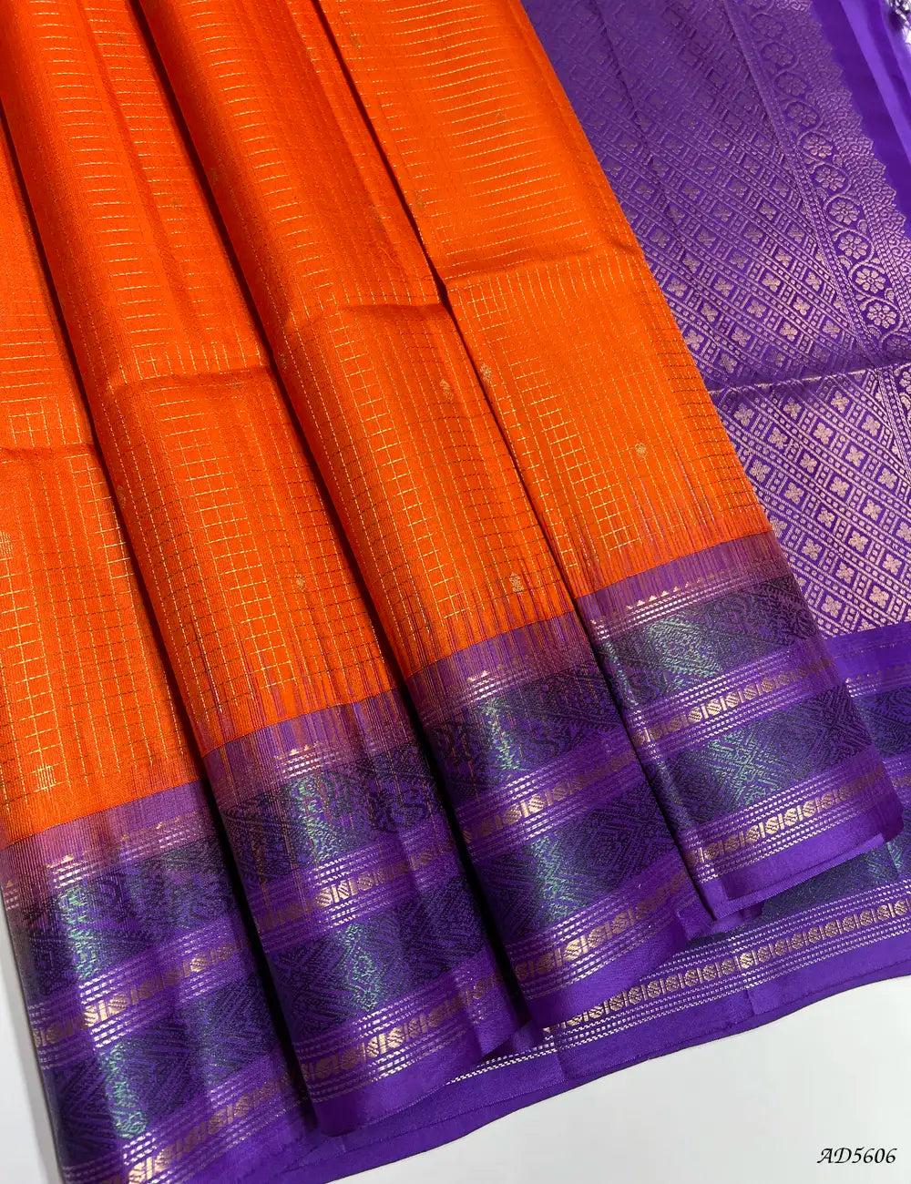 Orange & Purple - Checkerd X Kanchi Border Soft Silk Saree Front View