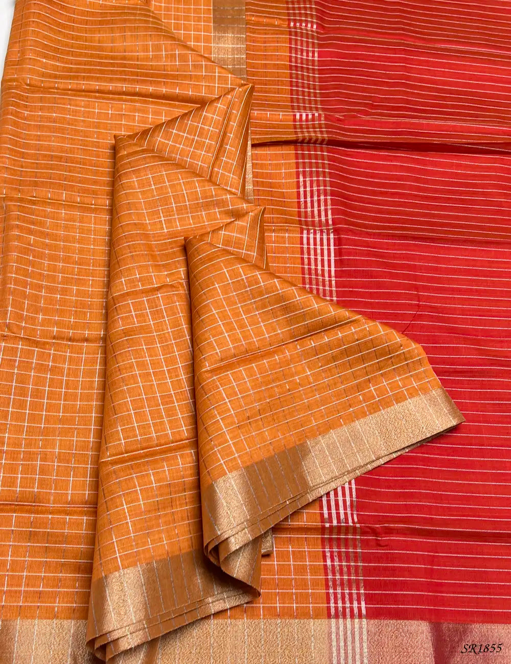 Orange & Red - Fancy Semi Tussar Saree Front View