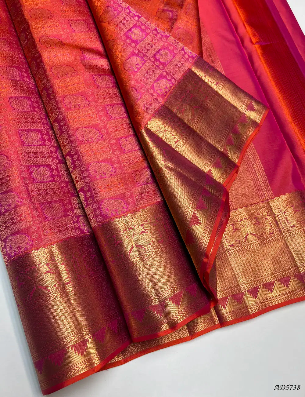 Orangish PInk - Kanjeevaram Bridal Brocade Soft Silk Saree Front View