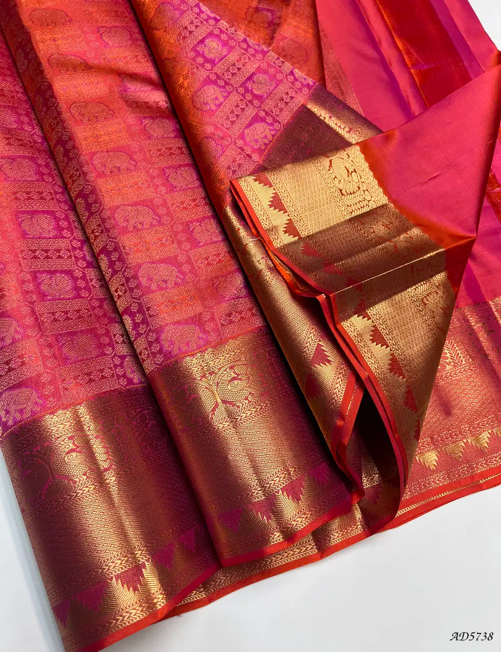 Orangish PInk - Kanjeevaram Bridal Brocade Soft Silk Saree Pallu View