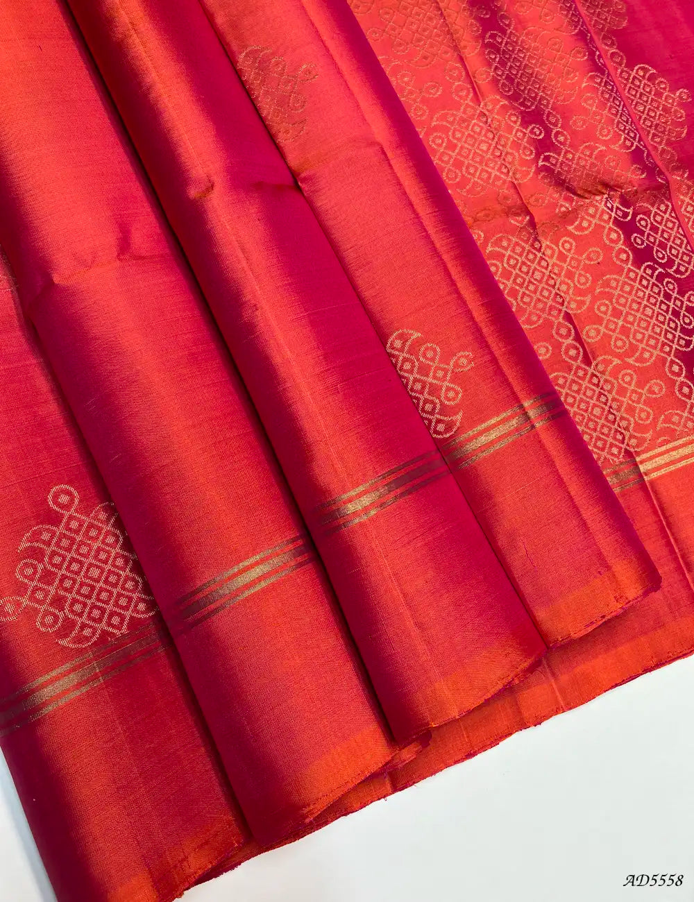 Orangish Pink - Kolam Soft Silk Saree Front View