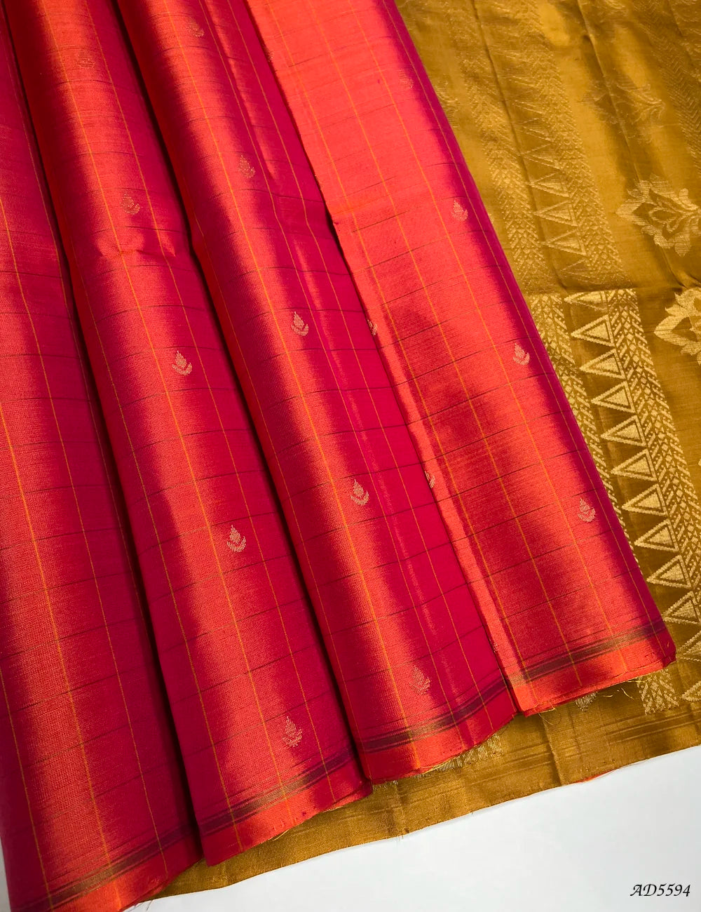 Orangish Pink & Mustard - Checkerd Soft Silk Saree Front View