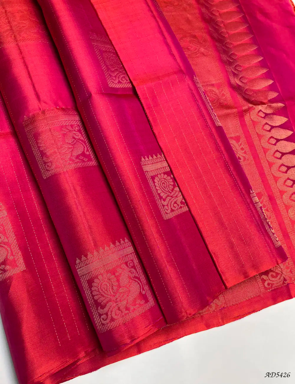 Orangish Pink - Soft Silk Saree Front View