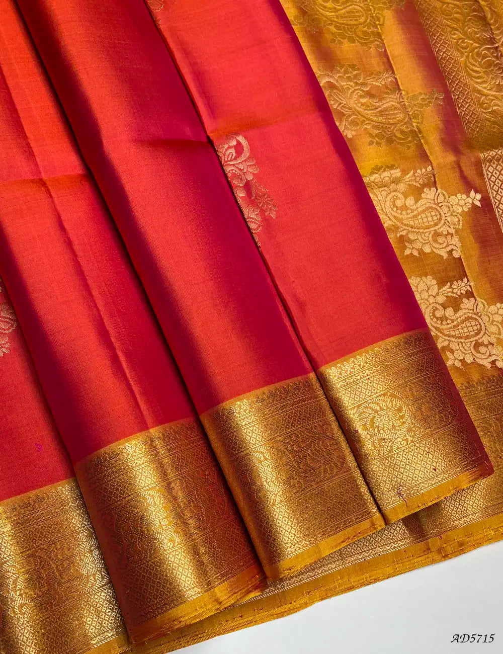 Orangish Pink & Yellow - Kanchi Border Soft Silk Saree Front View