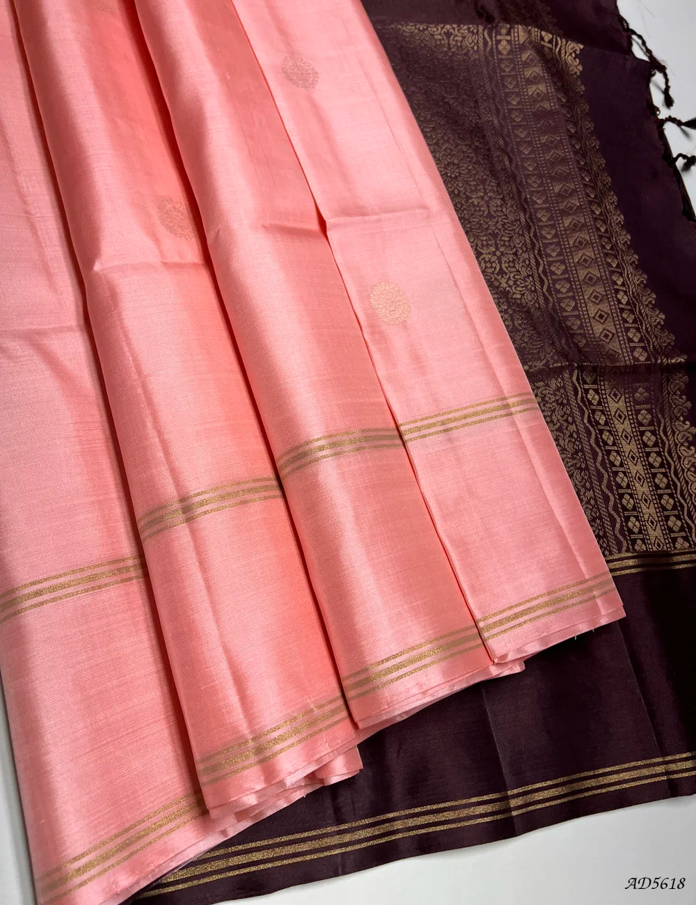 Peach & Coffee Brown - Soft Silk Saree Front View