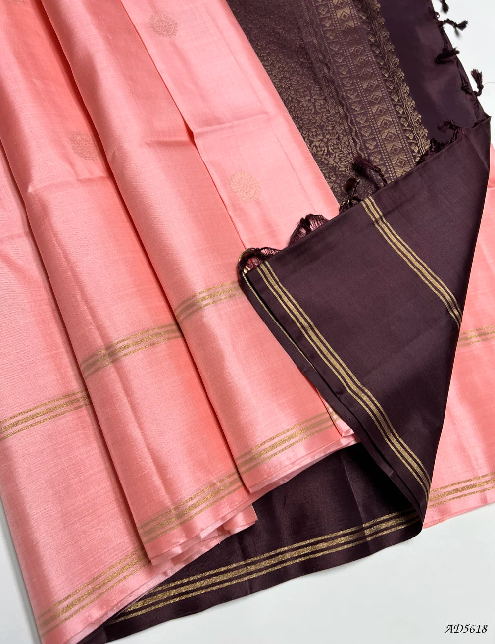 Peach & Coffee Brown - Soft Silk Saree Pallu View