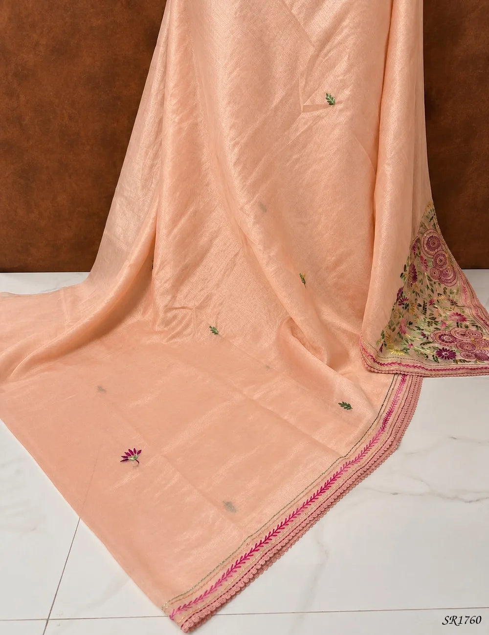 Peach - French Knot Tissue Saree Pallu View