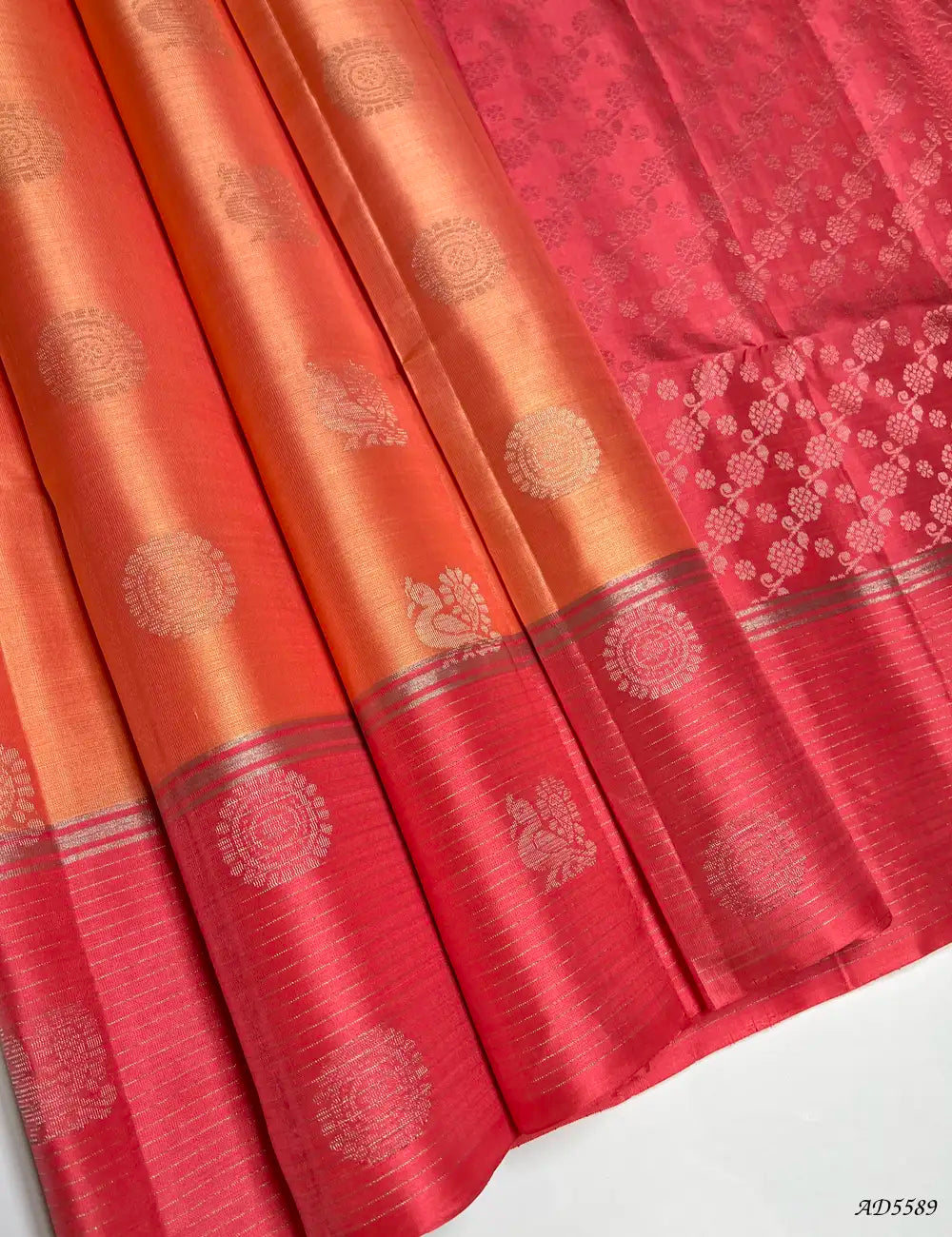 Peachy Pink & Georgia Peach - Soft Silk Saree Front View