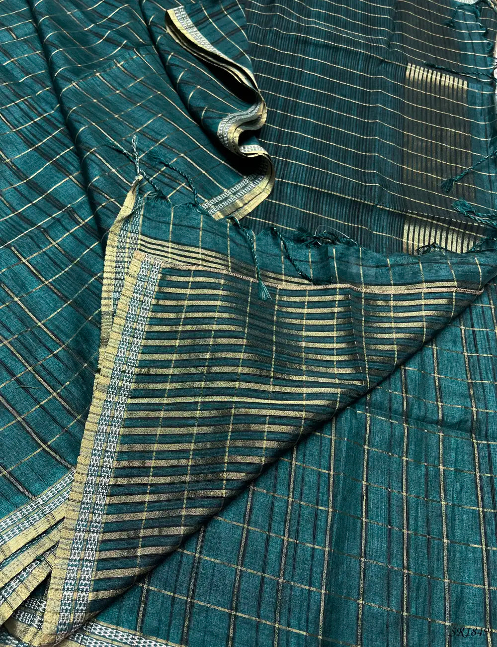 Peacock Blue - Checks Tussar Silk Saree -