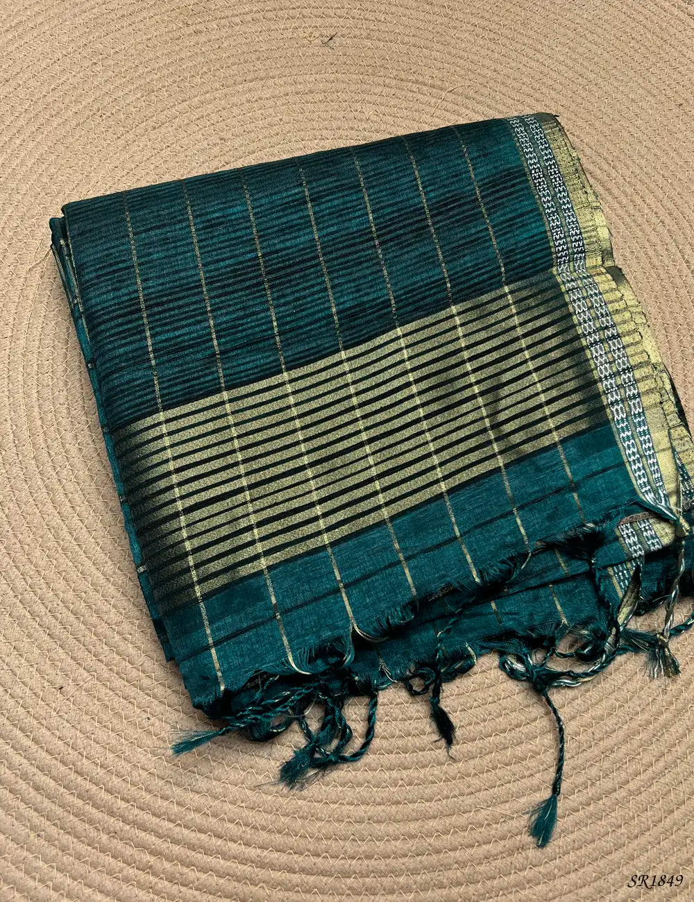 Peacock Blue - Checks Tussar Silk Saree Front View