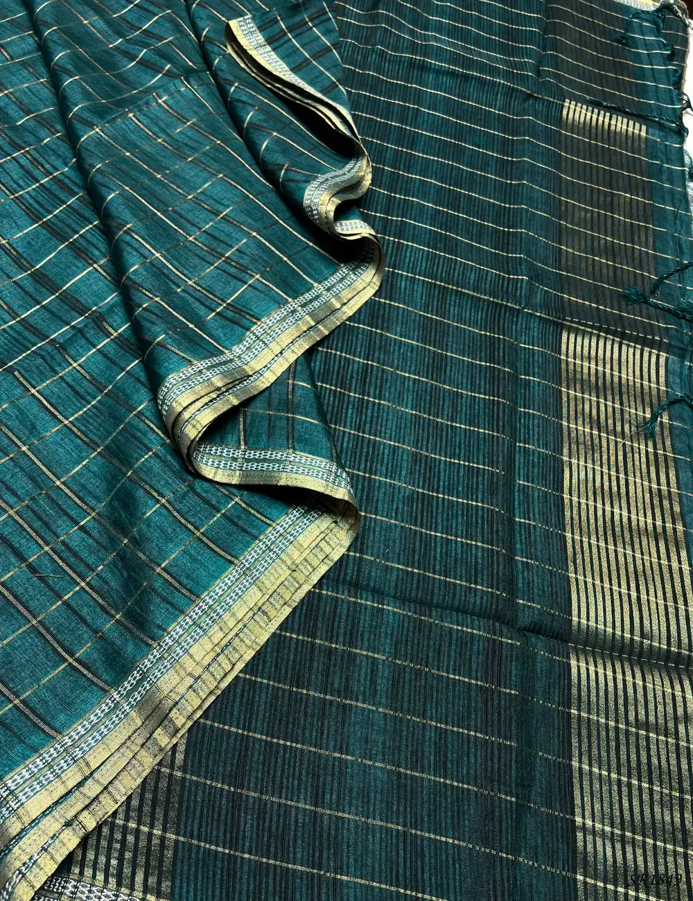Peacock Blue - Checks Tussar Silk Saree Pallu View