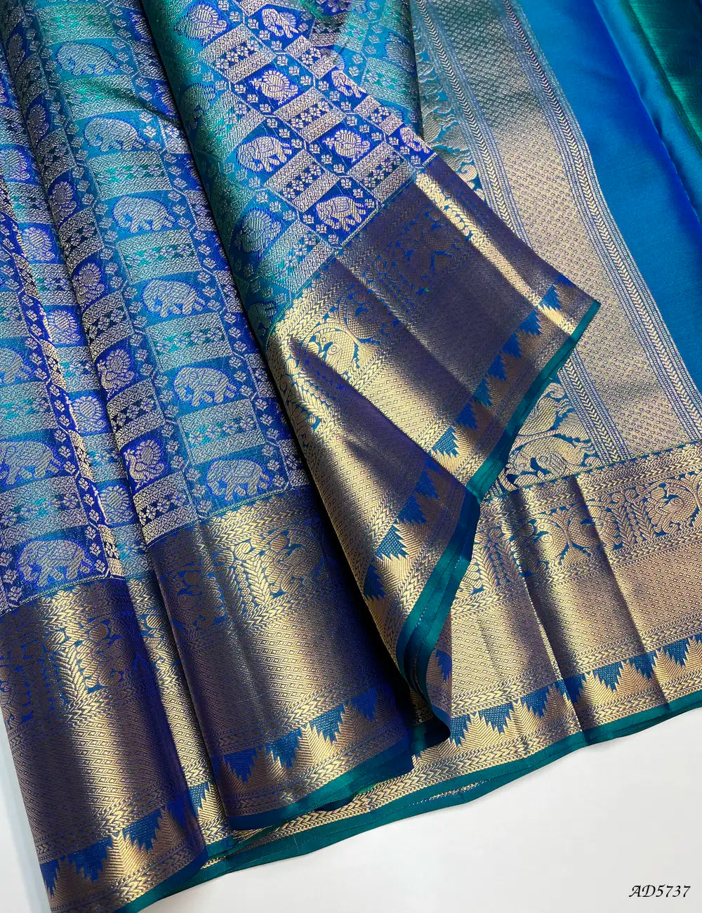 Peacock Blue - Kanjeevaram Bridal Brocade Soft Silk Saree Front View