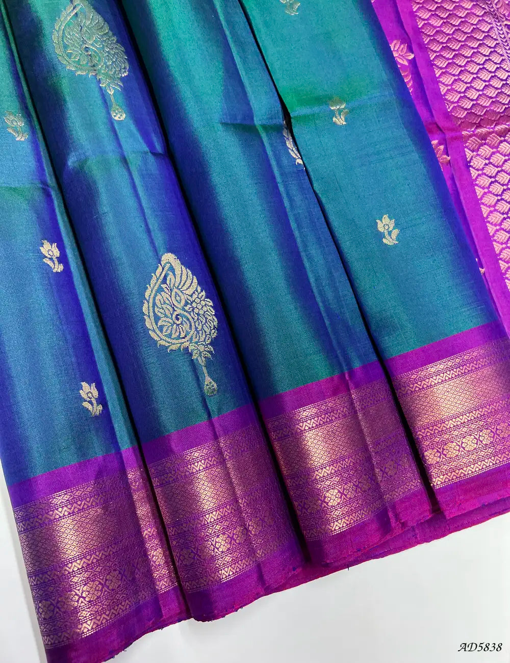 Peacock Blue & Purple - Kanchi Border Soft Silk Saree Front View