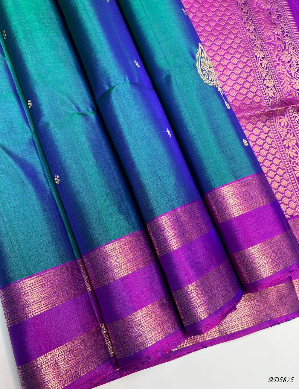 Peacock Blue & Purple - Kanchi Border Soft Silk Saree Front View