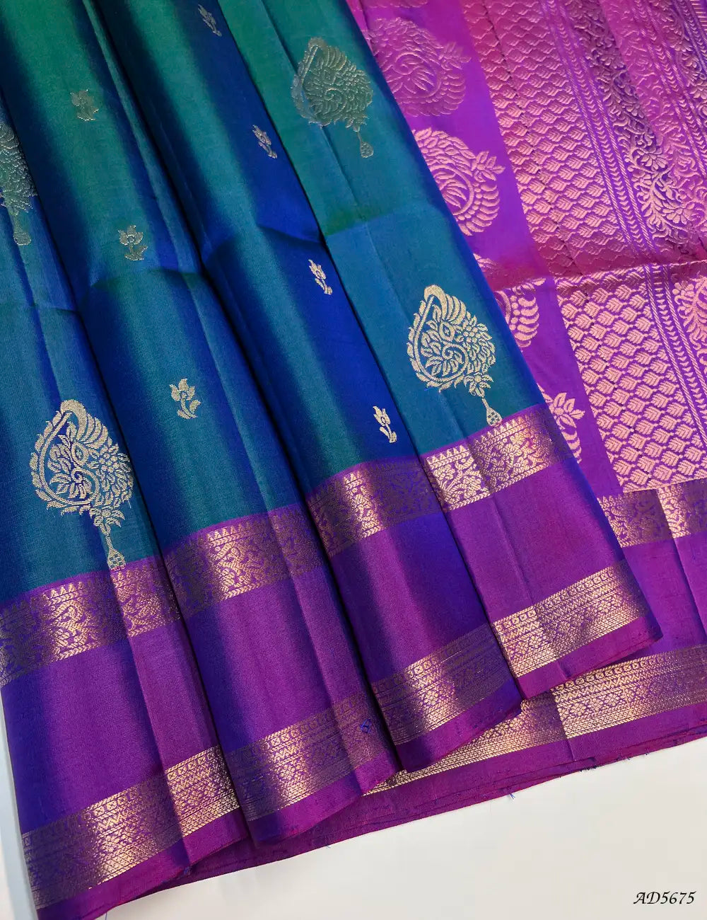 Peocock Blue & Purple - Kanchi Border Soft Silk Saree Front View