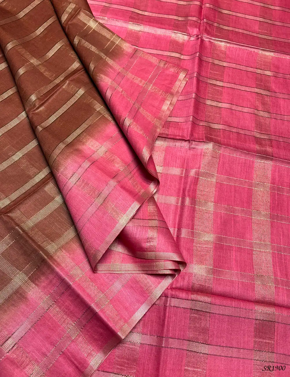 Pink & Brown - Semi Tussar Saree Front View
