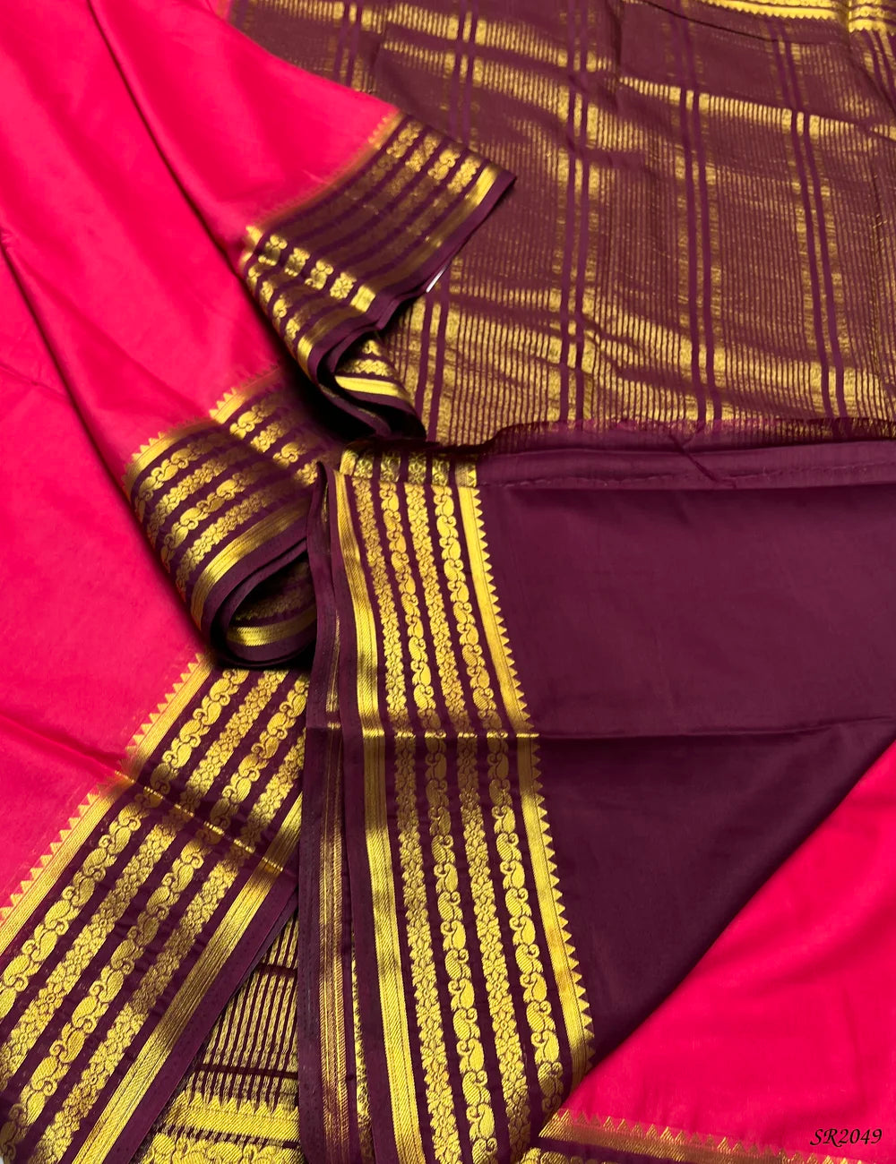 Pink & Burgundy - Mysore Crepe Saree -