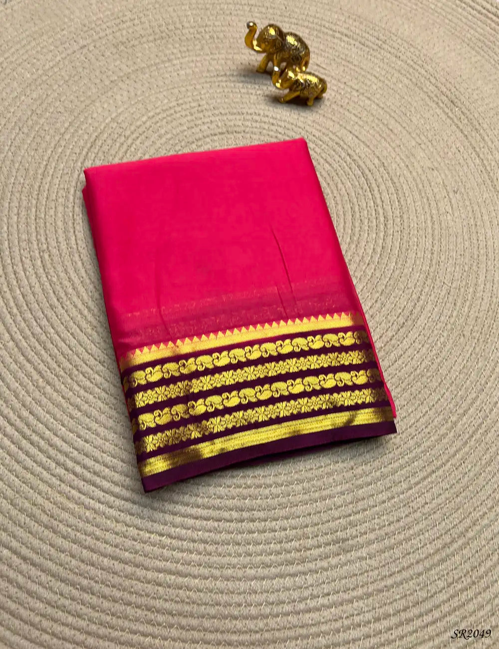 Pink & Burgundy - Mysore Crepe Saree Front View
