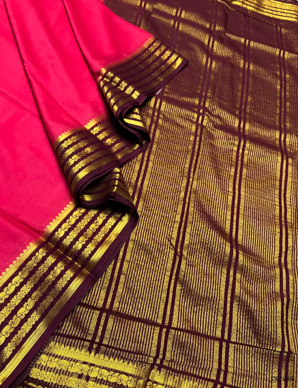 Pink & Burgundy - Mysore Crepe Saree Pallu View