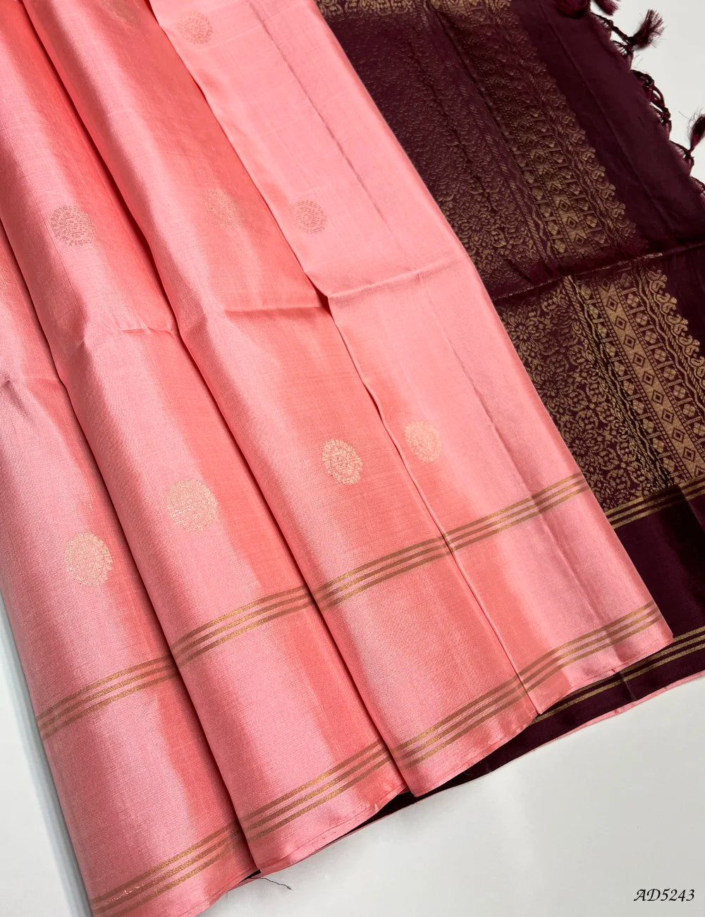 Pink & Coffee Brown - Soft Silk Saree Front View