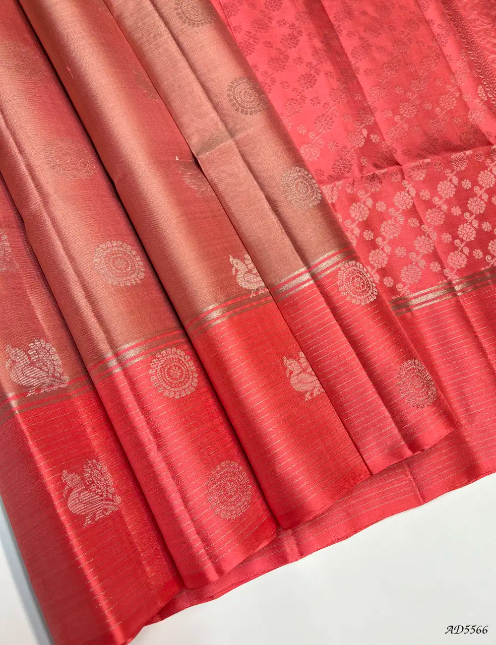 Pink & Coral Pink - Soft Silk Saree Front View