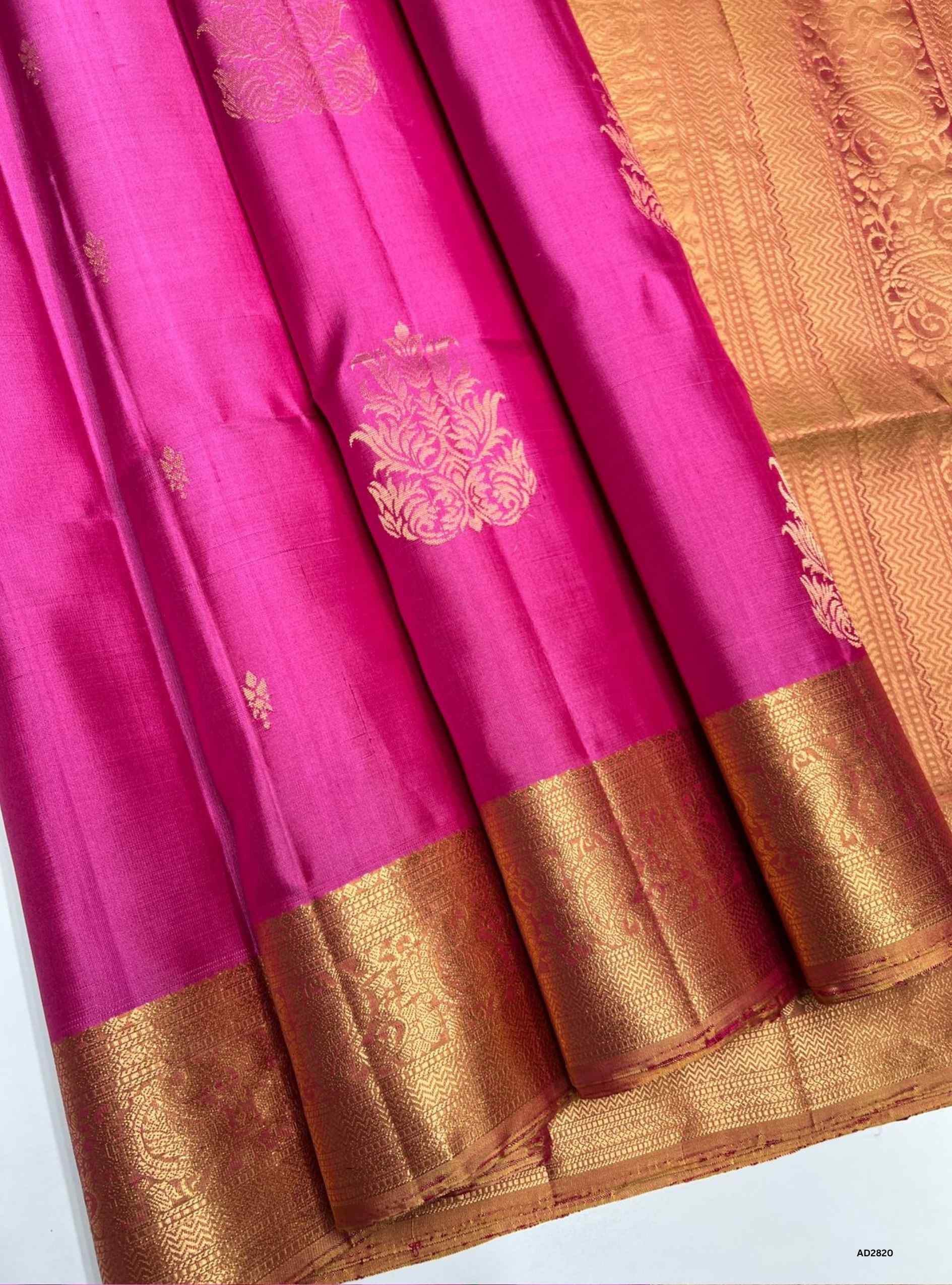 Soft Silk Saree in Pink body with Gold pallu, Jacquard border design, Half Fine Gold Zari, Ikat handwoven motifs, 6.25m length including blouse.