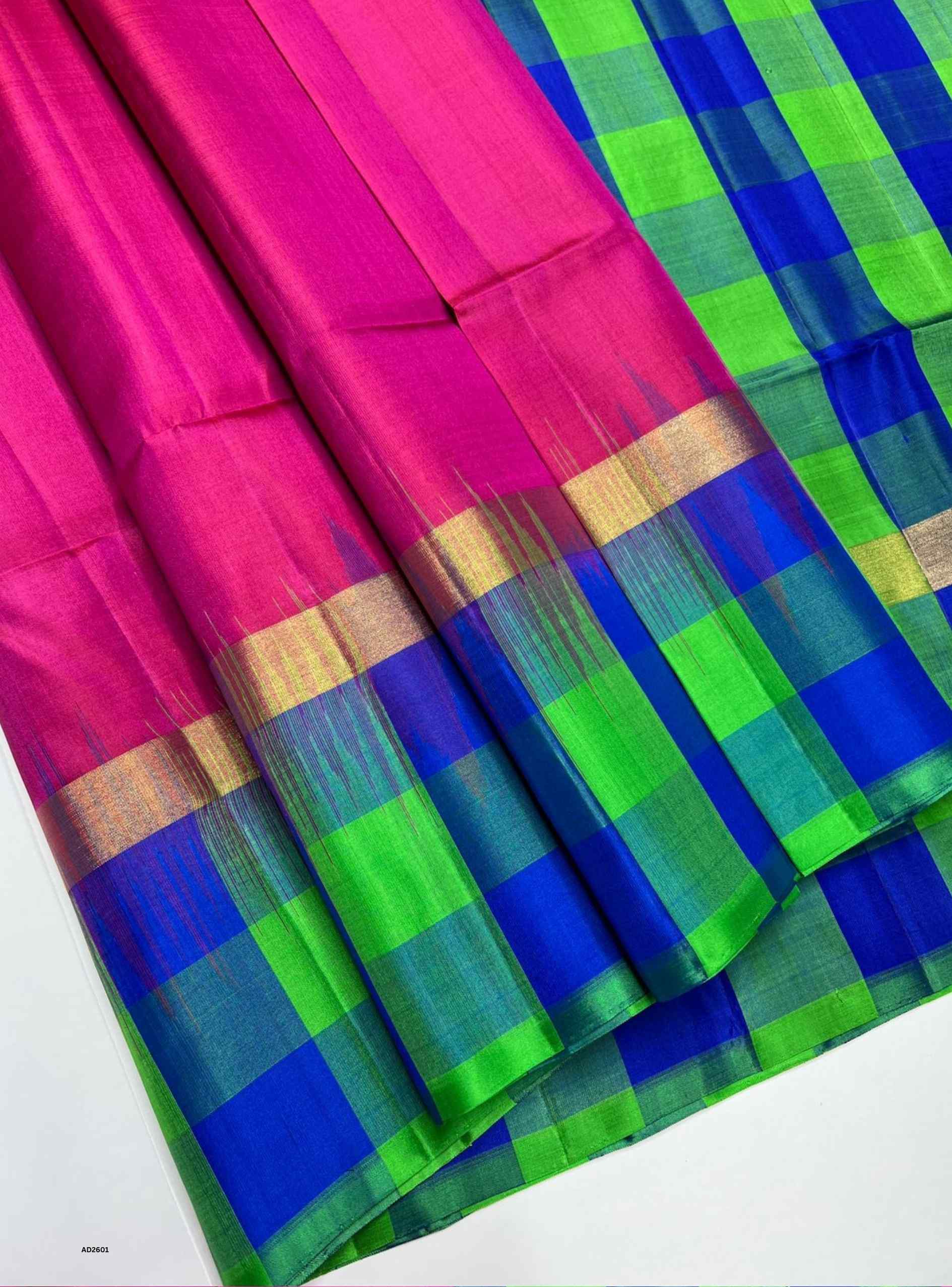 Pink, Green, and Blue Fancy Checkered Soft Silk Saree with gold zari checks