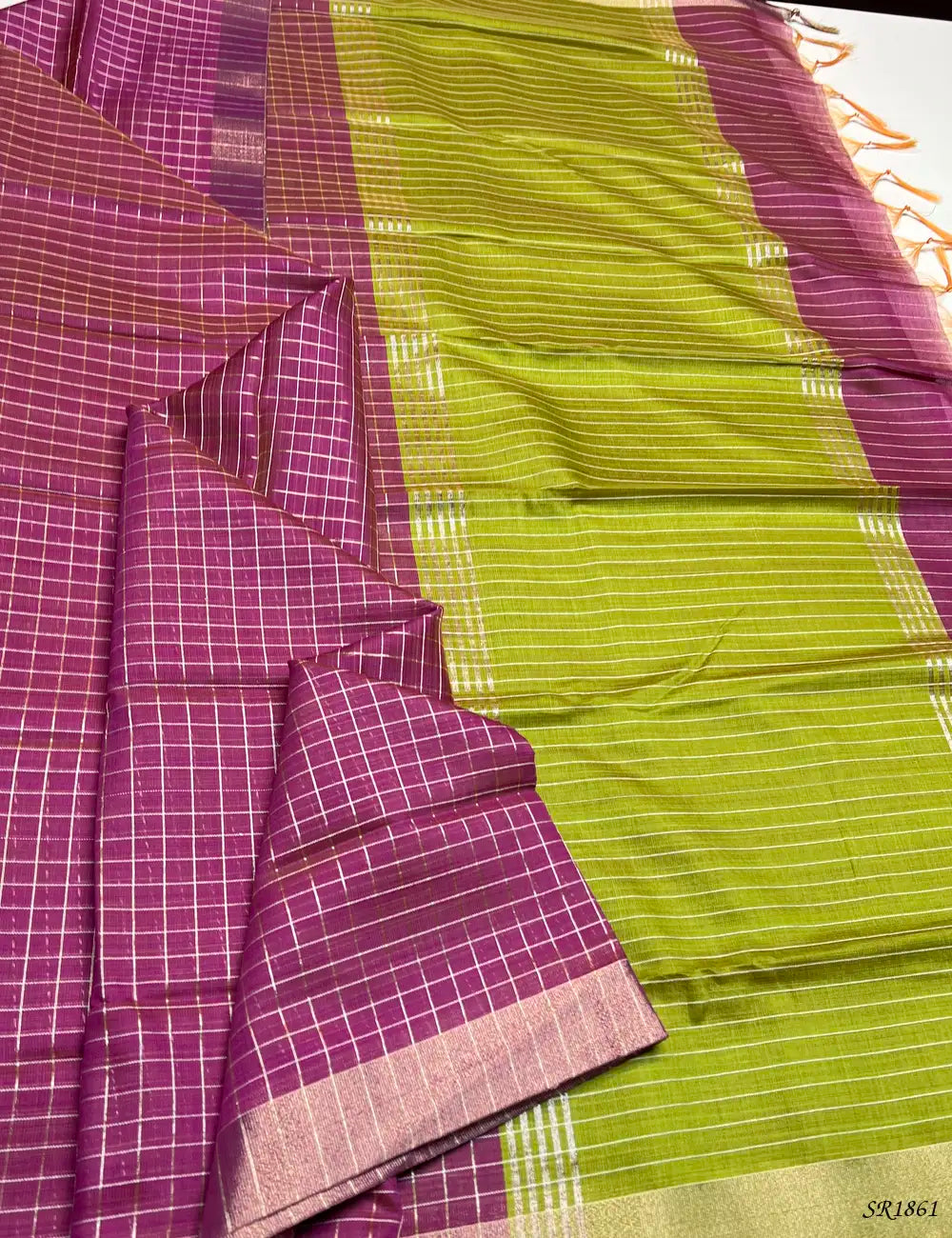 Pink & Green - Fancy Semi Tussar Saree Front View
