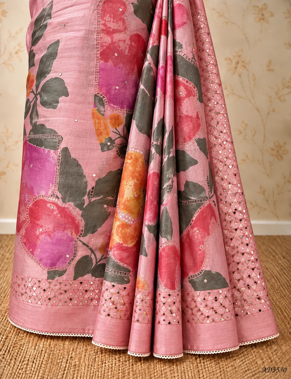 Pink - Pure Tussar With Fancy Cutwork Saree -
