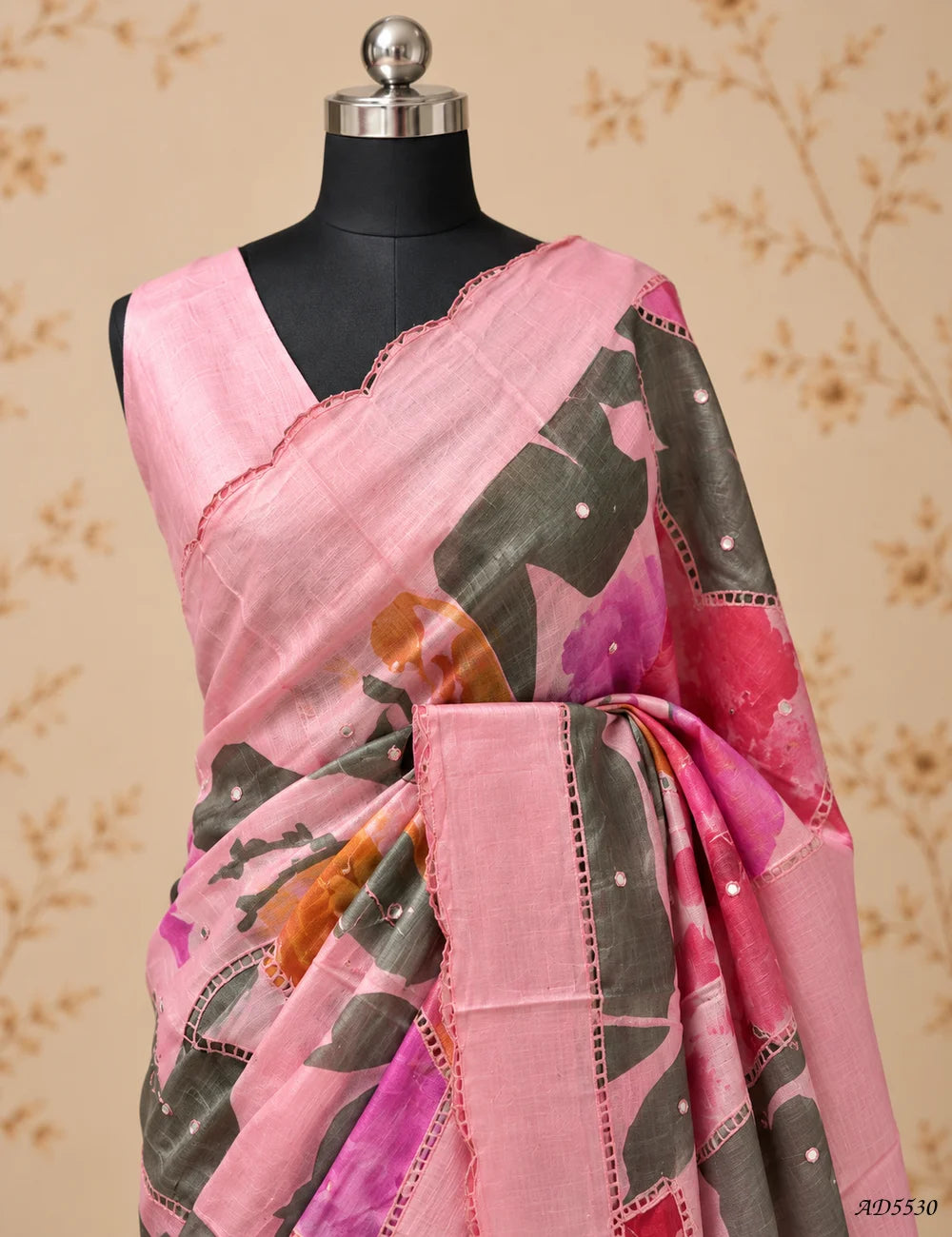 Pink - Pure Tussar With Fancy Cutwork Saree Front View