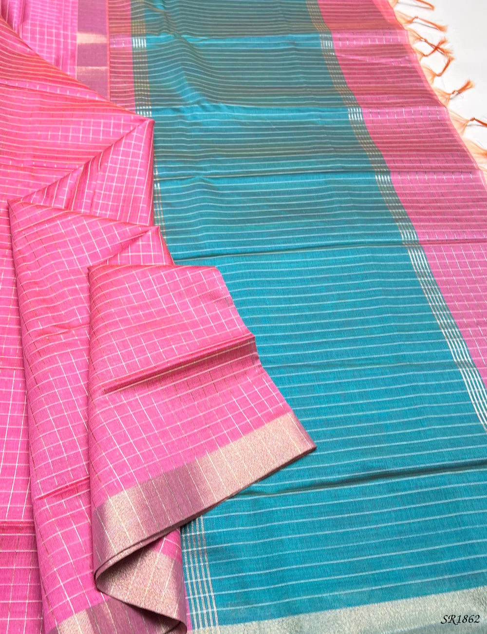 Pink & Rama Green - Fancy Semi Tussar Saree Front View
