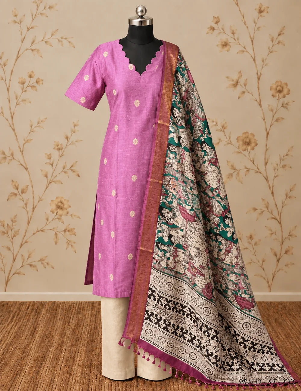 Pink - Raw Silk X KalamKari Stitched Suit 3 Pc Set Front View