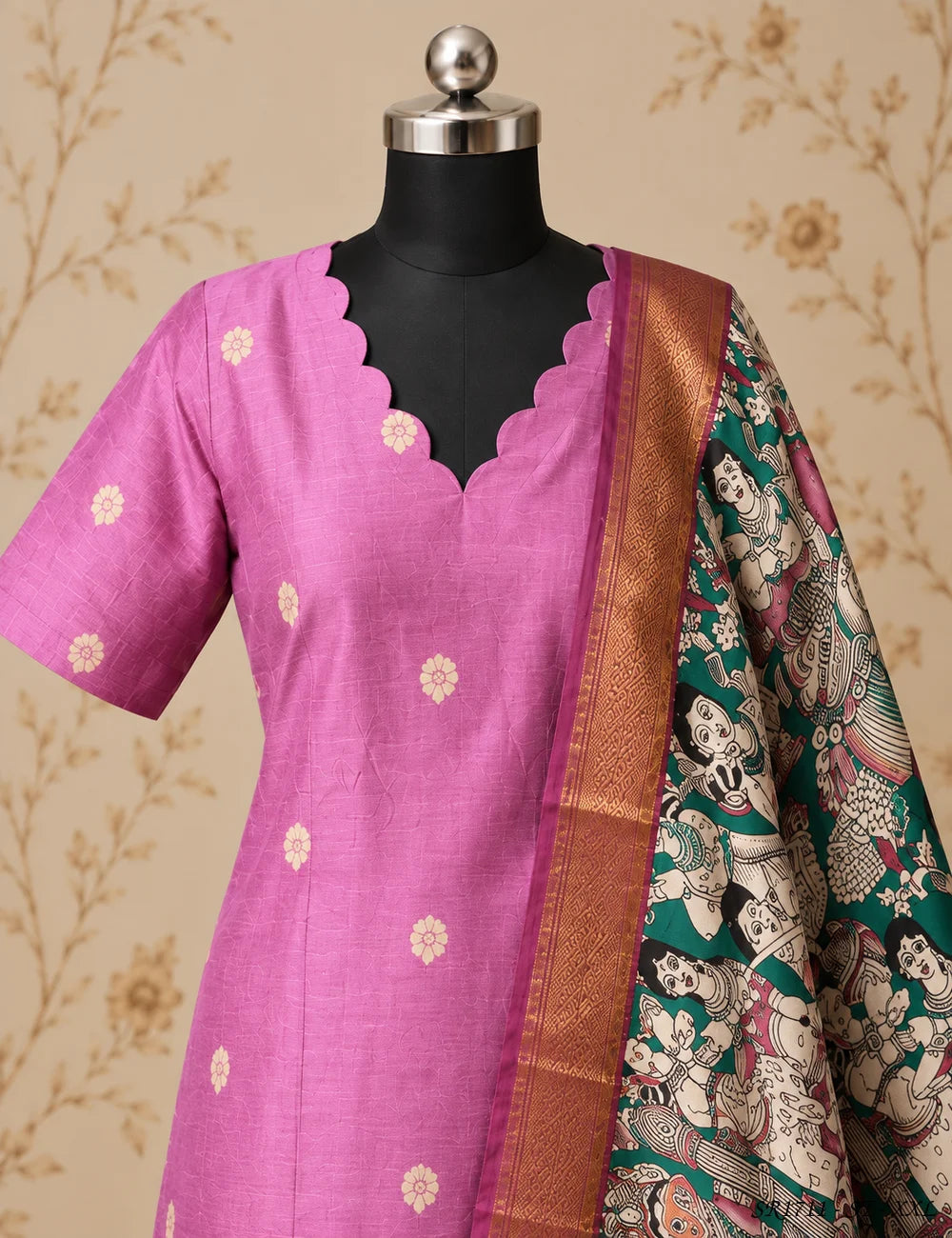 Pink - Raw Silk X KalamKari Stitched Suit 3 Pc Set Pallu View