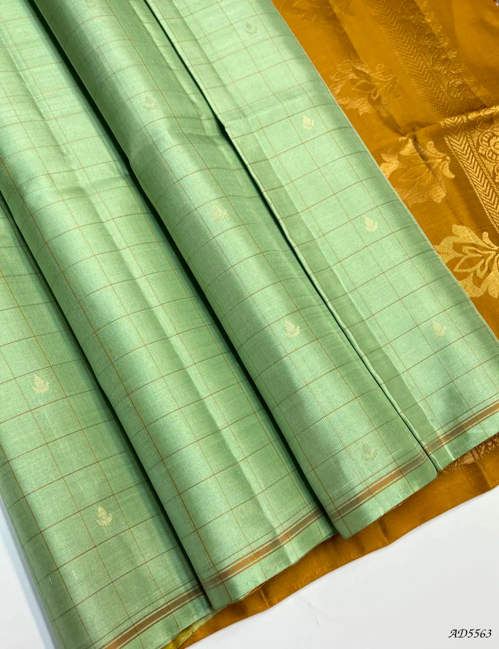 Pista Green & Musrard - Checkerd Soft Silk Saree Front View