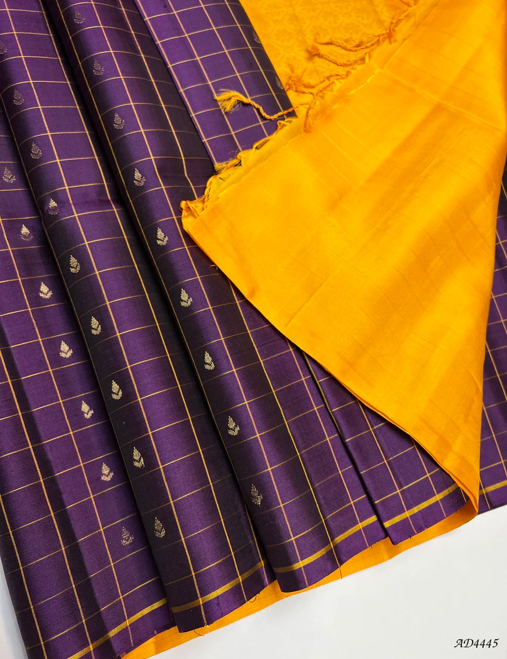 Plum & Mango Yellow - Checkerd Soft Silk Saree Pallu View