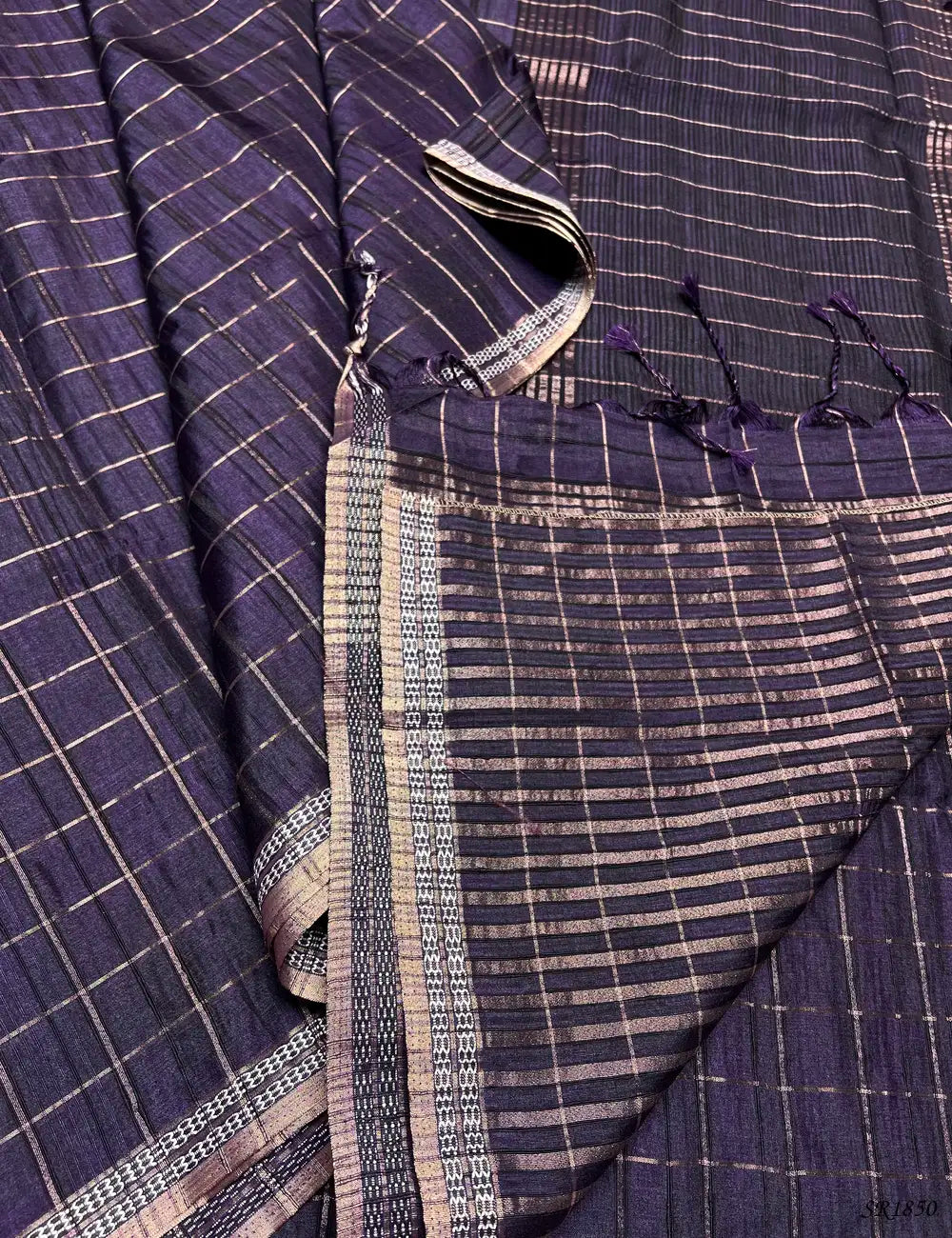 Purple - Checks Tussar Silk Saree -